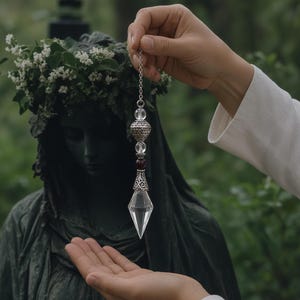 May include: A silver-toned pendulum featuring a clear, faceted crystal point suspended from a delicate chain. The design includes two small clear beads, a dark red bead, and two ornate, filigree-style silver metal spacers above the crystal point.