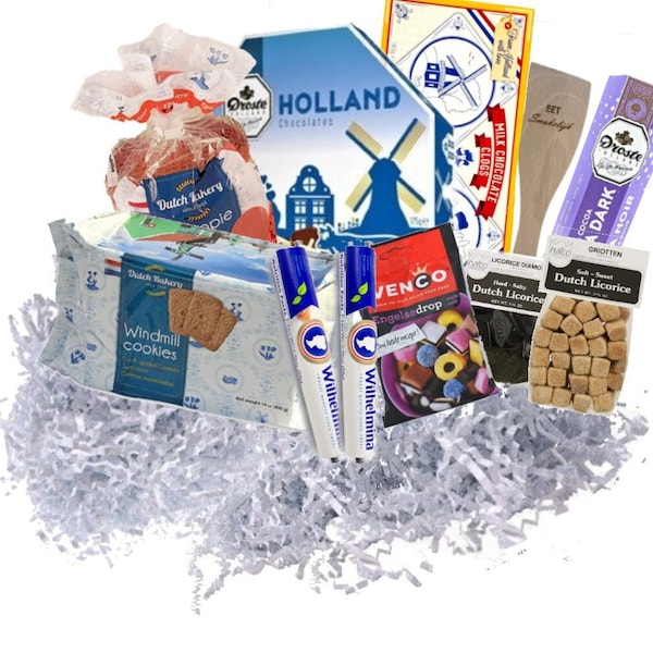 Dutch Food Gift Basket Imported Gourmet Foods- Stroopwafels, windmills cookies, Dutch Licorice with Custom Spreader -Eet Smakelijk!