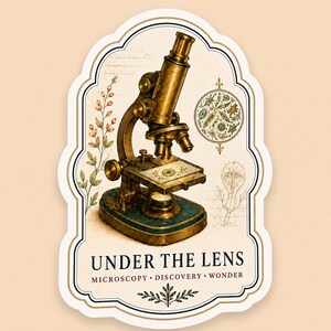 May include: A die-cut sticker featuring a vintage brass microscope on a teal base, surrounded by botanical illustrations and a circular diagram of microorganisms. The text reads UNDER THE LENS, MICROSCOPY, DISCOVERY, WONDER in dark lettering.