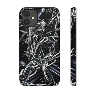 May include: A phone case featuring a high-contrast, metallic graphic print of intertwined silver barbed wire and heavy metal chains against a deep black background. The design covers the entire back surface, showcasing sharp, reflective textures.