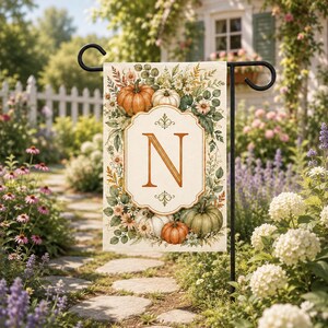 Personalized Monogram Garden Flag: Autumn Pumpkins, Floral Wreath Design