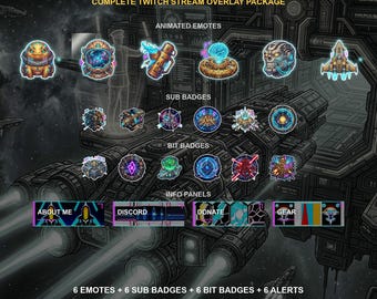 Ville futuriste dans l'espace — Pack d'overlays Twitch | Émoticônes animées, badges d'abonnement, alertes, écrans de stream | Compatible OBS | Téléchargement instantané