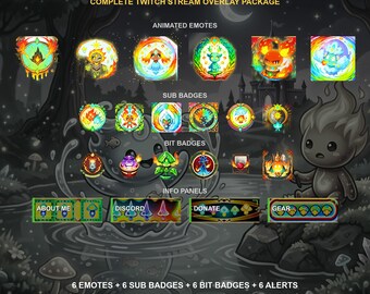 Golems élémentaires mignons - Pack d'overlay Twitch | Émoticônes animées, badges d'abonnement, alertes, écrans de stream | Compatible OBS | Téléchargement instantané