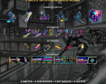 Hover Board Racing - Pack d'overlays Twitch | Émoticônes animées, badges d'abonnement, alertes, écrans de stream | Compatible OBS | Téléchargement instantané