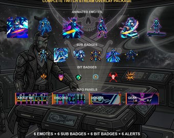 Neon Space Pirates — Pack complet d'overlays Twitch | Émoticônes animées, badges d'abonnement, alertes, écrans de stream | Compatible OBS | Téléchargement instantané