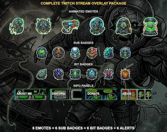 Space Zombies — Pack complet d'overlays Twitch | Émoticônes animées, badges d'abonnement, alertes, écrans de stream | Compatible OBS | Téléchargement instantané