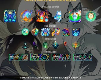 Loups élémentaires vivant au sommet d'une montagne enchantée — Pack complet d'overlays Twitch | Émoticônes animées, badges d'abonnement, alertes, écrans de stream