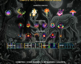 Esprits lumineux de la forêt dans une forêt enchantée — Pack complet d'overlays Twitch | Émoticônes animées, badges d'abonnement, alertes
