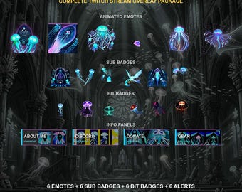 Vie marine lumineuse flottant autour d'une cité atlantique enfouie — Pack complet d'overlays Twitch | Émoticônes animées, badges d'abonnement, alertes, stream