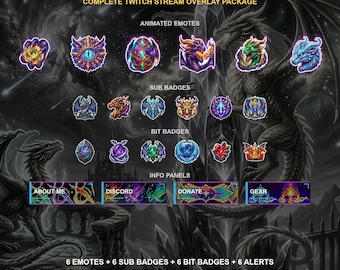 Dragons élémentaires colorés - Pack d'overlay Twitch | Émoticônes animées, badges d'abonnement, alertes, écrans de stream | Compatible OBS | Téléchargement instantané