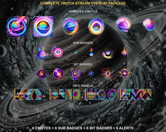 Colorful Spacecosmos — Pack complet d'overlays Twitch | Émoticônes animées, badges d'abonnement, alertes, écrans de stream | Compatible OBS | Téléchargement instantané