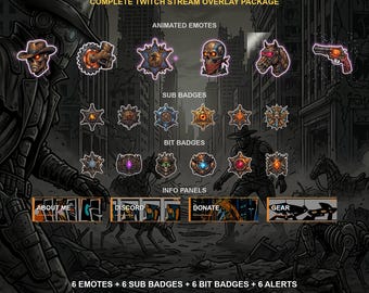 Cowboys Robots Apocalyptiques — Pack d'overlay Twitch | Émoticônes animées, badges d'abonnement, alertes, écrans de stream | Compatible OBS | Téléchargement instantané