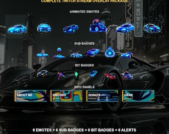 Superpositions Street Racing — Pack de superpositions Twitch | Émoticônes animées, badges d'abonnement, alertes, écrans de stream | Compatible OBS | Téléchargement instantané