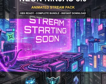 Pack d'overlays animés pour Twitch – Neon Ninjas 3.0 | Écrans de stream, alertes, émoticônes et badges | OBS