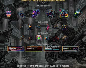 Kittens CyberPunk Néon — Pack complet d'overlays Twitch | Émoticônes animées, badges d'abonnement, alertes, écrans de stream | Compatible OBS | Téléchargement instantané