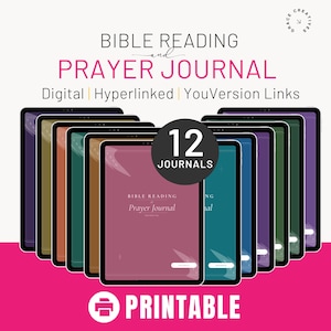 May include: A collection of 12 digital Bible reading and prayer journals displayed on tablet screens. The text reads BIBLE READING and PRAYER JOURNAL, Digital | Hyperlinked | YouVersion Links, 12 JOURNALS, and PRINTABLE. The journals feature various solid colors.