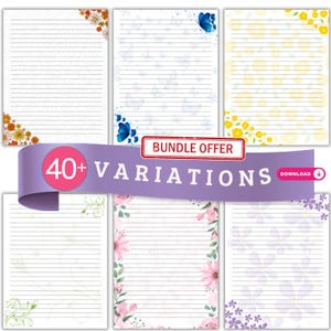 Könnte beinhalten: Eine Sammlung von sechs linierten Schreibpapierseiten mit verschiedenen Blumen- und Schmetterlingsmotiven in Orange, Blau, Gelb, Grün, Pink und Lila. Ein lila Banner in der Mitte zeigt den Text BUNDLE OFFER 40+ VARIATIONS DOWNLOAD.
