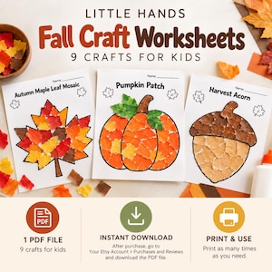 Może przedstawiać: Little Hands Fall Craft Worksheets 9 Crafts for Kids z trzema arkuszami aktywności zatytułowanymi Autumn Maple Leaf Mosaic, Pumpkin Patch i Harvest Acorn, przedstawiającymi kolorowe mozaiki z papieru, plik PDF, pobieranie i ikony druku.
