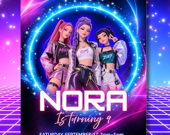 May include: A digital birthday invitation featuring three animated characters in stylish outfits inside a glowing blue neon circle. The text reads Join us to celebrate, NORA Is turning 9, Saturday September 17 3pm-5pm, 123 Left Turn Lane Nowhere KY 12345, Please RSVP 555-555-5555.