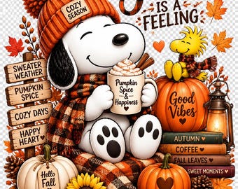 Może przedstawiać: Snoopy w pomarańczowej czapce i kraciastym szaliku trzyma kubek z napisem Pumpkin Spice & Happiness. Tekst głosi Fall Is A Feeling. Zawiera dynie, słonecznik, szyszki, jesienne liście, latarnię oraz tabliczki z napisami o tematyce jesiennej.