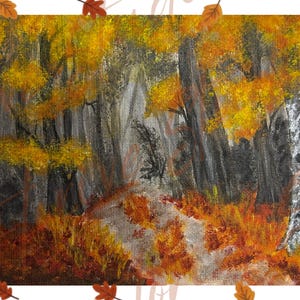 Könnte beinhalten: Ein Acrylgemälde auf Leinwand, das eine Waldszene im Herbst darstellt. Die Komposition zeigt einen zentralen Pfad, umgeben von Bäumen mit leuchtend gelbem und orangem Laub, dunkelgrauen Baumstämmen und einer strukturierten Birke rechts.