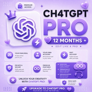 Könnte beinhalten: Eine violett-weiße digitale Grafik für CH4TGPT PRO 12 MONTHS mit Kronen-, Herz- und Blitzsymbolen. Sie listet Funktionen wie private E-Mail, persönliches Konto, schnelle Lieferung, Cloud-Synchronisierung und dedizierten Support auf.