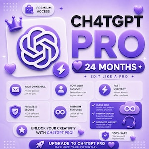 Könnte beinhalten: Eine digitale Grafik für CH4TGPT PRO 24 MONTHS in Lila und Weiß mit Symbolen für E-Mail, Konto, Blitz, Schild und Unendlichkeit. Der Text enthält Premium Access, Edit Like a Pro sowie Unlock Your Creativity und weitere Details.