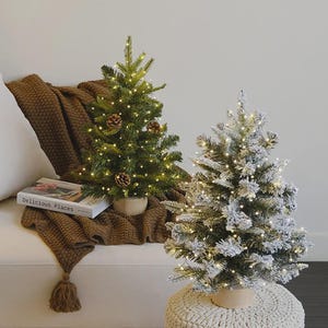Könnte beinhalten: Zwei kleine künstliche Weihnachtsbäume mit warmweißer LED-Lichterkette. Ein Baum ist grün mit Tannenzapfen, der andere ist mit weißem, schneeartigem Material beflockt. Beide Bäume stehen in hellen, zylindrischen Sockeln.