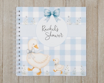 Baby Shower Guest Book - Softcover Personalized Shower Keepsake Book - Mama and Baby Goose on Blue Gingham - A Silly Goose is on the Way