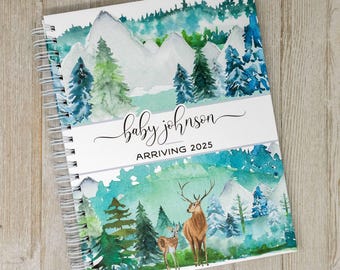 First Year Baby Book - Hardcover Mountains & Forest Baby Journal - Personalized Baby Memory Book - Baby Boy or Girl - Mountain Deer