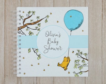 Baby Shower Guest Book - Softcover Personalized Shower Keepsake Book - Winnie the Pooh Baby Shower - Classic Pooh with Blue Balloon