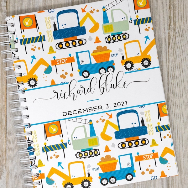 Construction Baby Memory Book - Hardcover First Year Baby Book & Journal - Baby Album - Haulers, Dump Truck, Digger - Construction