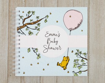 Baby Shower Guest Book - Softcover Personalized Shower Keepsake Book - Winnie the Pooh Baby Shower - Classic Pooh with Pink Balloon