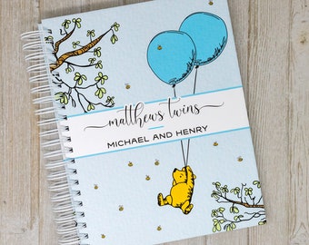 Personalized Twin Baby Book - Hardcover Baby Memory Book for Twin Boys - First Year Twin Book - Classic Winnie the Pooh with 2 Balloons