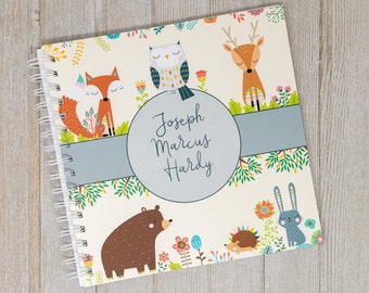 Baby Memory Book - Softcover Personalized First Year Baby Journal for Boys or Girls - Deer Fox Bear Owl Rabbit Bunny - Woodland Animals