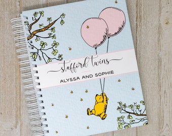 Personalized Twin Baby Book - Hardcover Baby Memory Book for Twin Girls - First Year Twin Book - Classic Winnie the Pooh with 2 Balloons