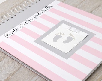 Baby Memory Book (15 Center Designs) - Hardcover Baby Milestone Book - Personalized Baby Girl First Year Album - Pink Stripes