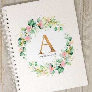 Baby Memory Book for Girls - Hardcover Personalized First Year Baby Journal - Baby Girl Book - Flowers - Floral Eucalyptus Wreath Initial
