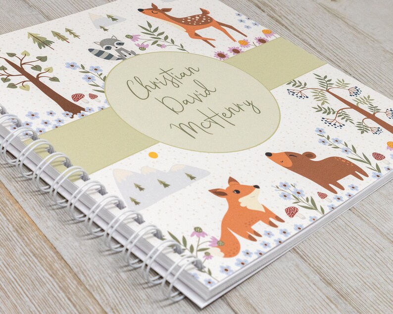 Baby Memory Book Softcover Personalized First Year Baby Journal for Boys or Girls Deer Fox Bear Raccoon Forest Woodland Animals image 2