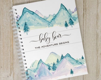 First Year Baby Book - Hardcover Mountains & Forest Baby Journal - Personalized Baby Memory Book - Baby Boy or Girl - Blue Mountains