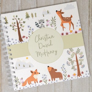 Baby Memory Book Softcover Personalized First Year Baby Journal for Boys or Girls Deer Fox Bear Raccoon Forest Woodland Animals image 1