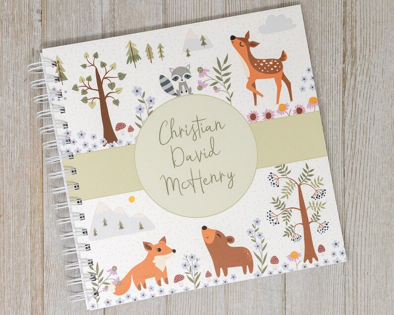 Baby Memory Book Softcover Personalized First Year Baby Journal for Boys or Girls Deer Fox Bear Raccoon Forest Woodland Animals image 1