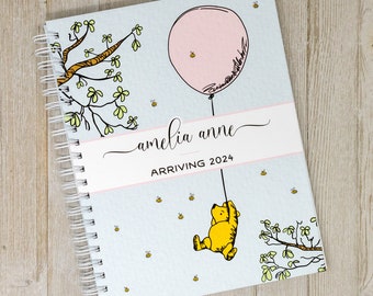Winnie the Pooh Baby Book - Hardcover First Year Baby Journal - Personalized Baby Memory Book - Baby Boy - Classic Pooh with Pink Balloon