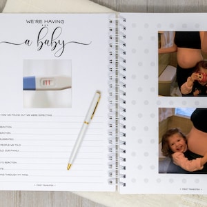 May include: A white pregnancy journal with a polka dot pattern. The cover features the text "We're having a baby" in black cursive script. The journal has a spiral binding and includes a section for the first trimester.
