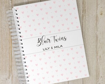 Twin Baby Book - Hard Cover & Personalized Baby Memory Book for Twin Girls - Fraternal or Identical Twin Babies - Pink Hearts