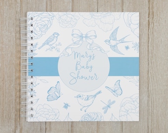 Baby Shower Guest Book - Softcover Personalized Shower Keepsake Book - Blue Toile - Floral Toile with Birds and Butterflies