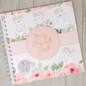 Baby Memory Book for Girls Softcover Personalized First Year Baby Journal Bear Fox Bunny Animals Baby Girl Book Sweet Woodland image 1