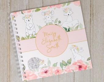 Baby Memory Book for Girls - Softcover Personalized First Year Baby Journal - Bear Fox Bunny Animals - Baby Girl Book - Sweet Woodland