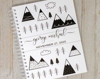 Hard Cover Baby Book - First Year Baby Journal - Personalized Baby Memory Book - Baby Boy or Girl - Black & White Mountains and Trees