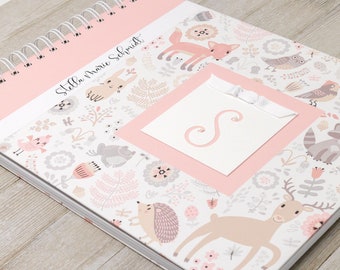 Baby Memory Book (6 Center Designs) - Hardcover Personalized First Year Album & Baby Journal for Girls - Pink Woodland Animals